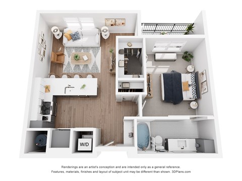 Floor plan for 1 bed, 1 bath, 697 sqft